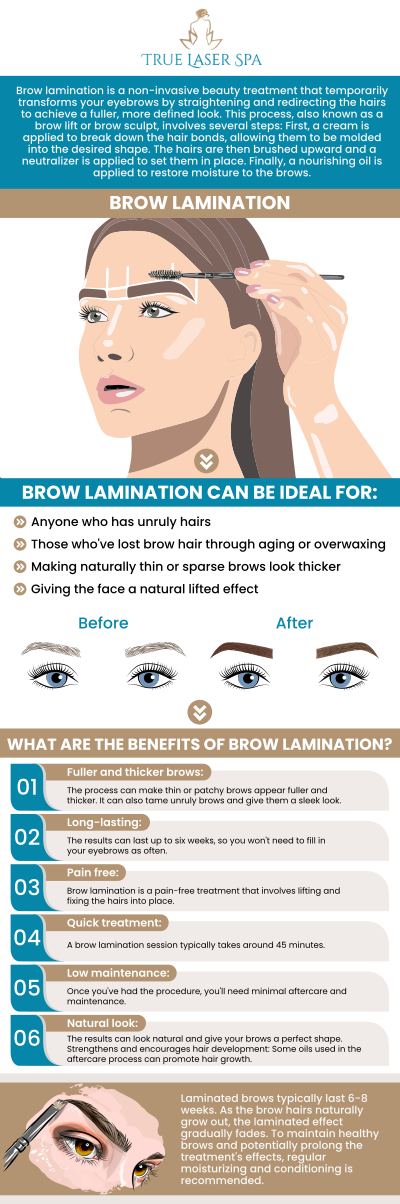 Brow lamination is the perfect solution for achieving fuller, more defined brows with a natural, fluffy look. At True Laser Spa in Saint Clair Shores, MI, our team specializes in enhancing your brow shape to create a polished yet effortlessly stylish appearance. The process involves a gentle treatment that sets your brow hairs in place, ensuring they stay perfectly groomed for weeks. For more information, contact us or request an appointment online. We are conveniently located at 22030 Greater Mack Ave Saint Clair Shores, MI 48080.